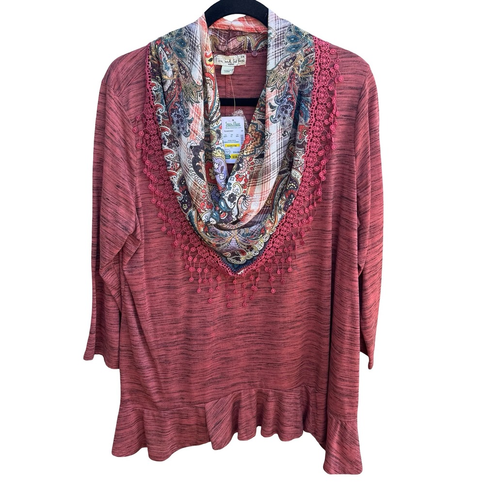 Live and Let Live Boho Romantic Peplum Top Teaberry Paisley Scarf Lace 2X NWT